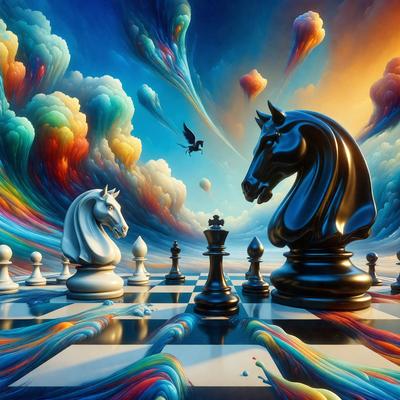 The primary subject of the image is a chessboard with two black horses standing on it. The setting is a colorful, artistic environment, possibly a painting or digital artwork. The visual style is a mix of realism and surrealism, with the horses appearing to be part of a fantasy scene. The colors and mood of the image are vibrant and lively, with a sense of whimsy and creativity.